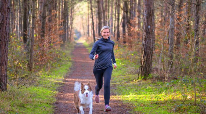 Running a woman and a dog