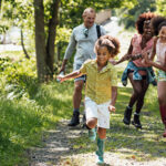 Family walking in the woods