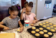 Two girls baking cupcakes in a kitchen