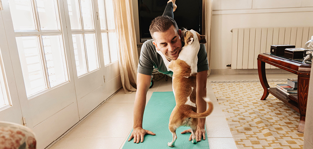 Man doing yoga with his dog