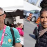 A man and a woman smiling while attending a volunteer event